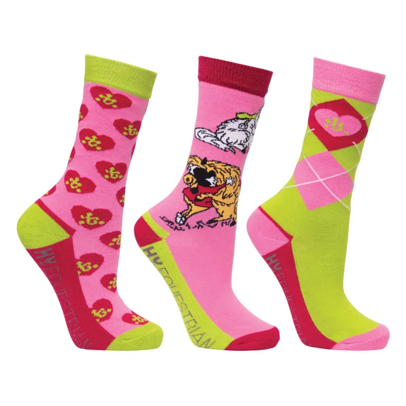 Hy Equestrian Kids Thelwell Collection Hugs Socks Pack of 3 - Pink/Lime/Hot Pink